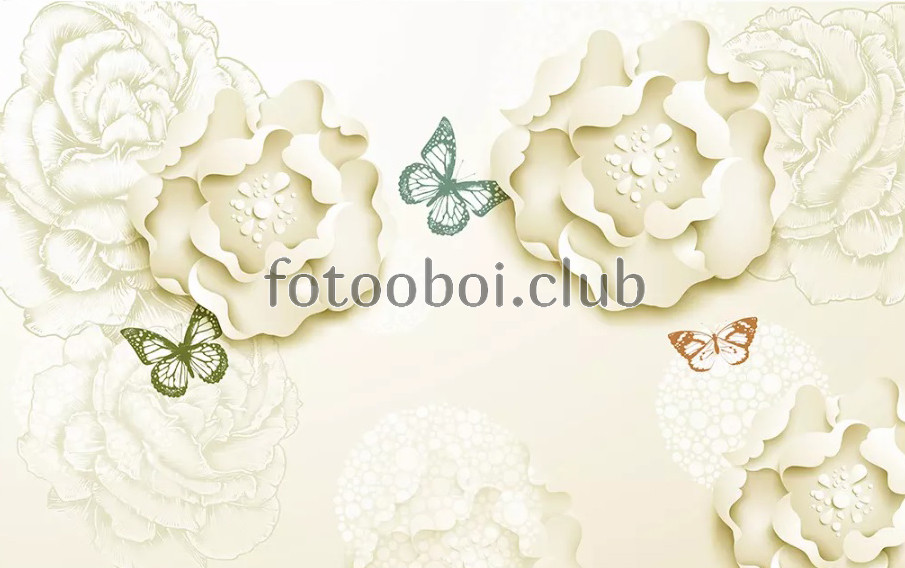 пионы, цветы, бабочки, узор, светлые, 3д, 3d